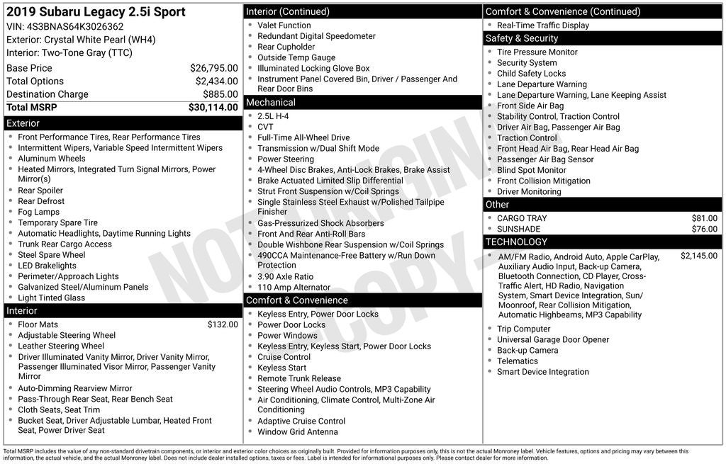 2019 Subaru Legacy 2.5i Sport