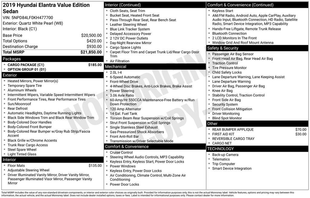 2019 Hyundai ELANTRA Value Edition