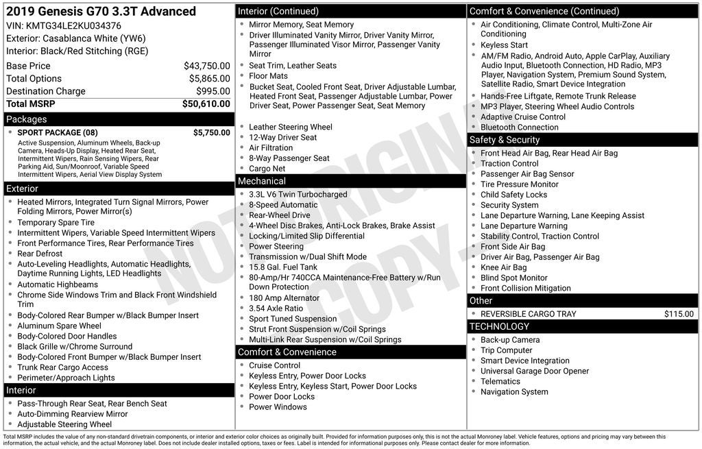 2019 Genesis G70 3.3T Advanced